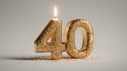 Sparkling Golden "40" Number Candle Celebrating a Milestone Birthday Anniversary on a White Background