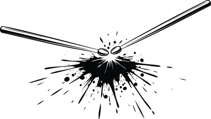 Two drumsticks striking a surface, creating a splash of ink.