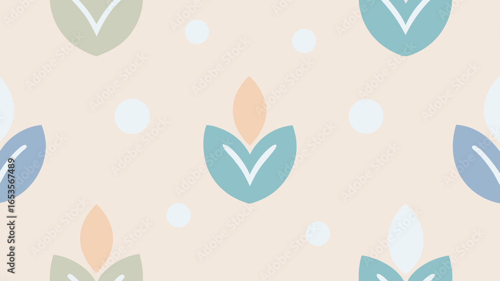 Poster soft pastel seamless pattern with stylized leaves and dots on cream transparency background texture