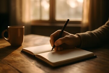 hand writing in a notebook beside a cup of coffee, creating a warm, cozy atmosphere for contemplation, journaling, and inspiration with the morning light shining through the window.