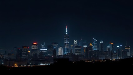A city skyline illuminated at night with long exposure and deep blue tones.
