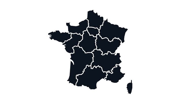 Clean and minimalist dark blue map of France with highlighted regions animation