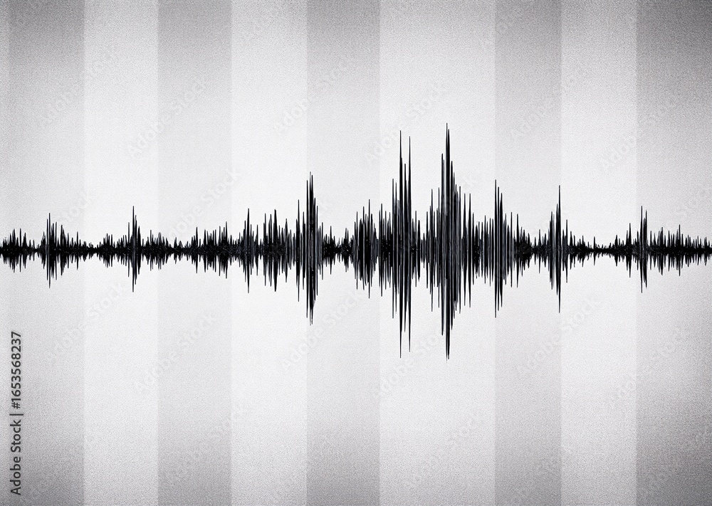 Poster digital representation of sound: a dark audio waveform pulses across a light gray, vertically stripe