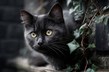 Close-up of a Black Cat with Bright Yellow Eyes, Intense Staring Expression