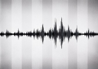 Digital representation of sound: a dark audio waveform pulses across a light gray, vertically striped background, showing amplitude.