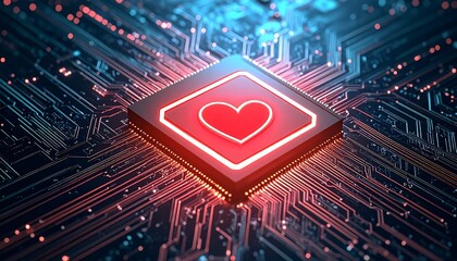 Circuit board with glowing heart icon
