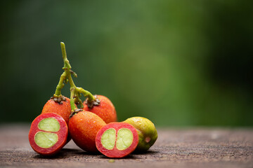 Bunchosia argentea or Peanut Butter Fruit on natural background.