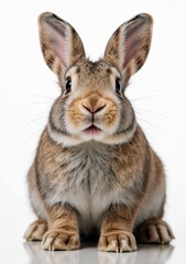 Obraz premium A close-up of a brown and white rabbit with upright ears against a white background