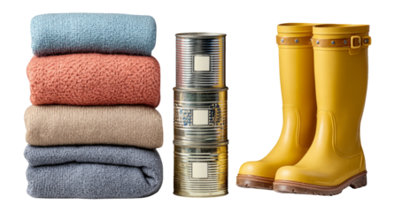 Colorful Blankets and Yellow Rubber Boots on a Transparent Background