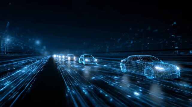 Exciting futuristic autonomous car driving with dynamic speed on digital highway at night