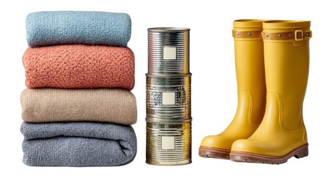 Colorful Blankets and Yellow Rubber Boots on a Transparent Background