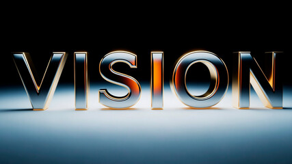 Word "VISION" in 3D metallic letters on gradient background