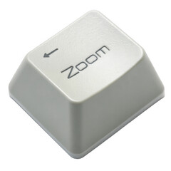 Single white computer keyboard key with zoom symbol and text isolated on transparent background