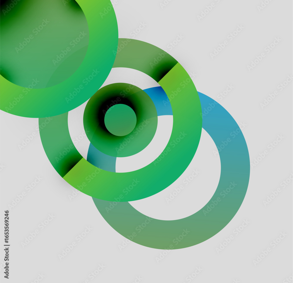 Poster abstract composition featuring overlapping circles. gradient colors transition from green to blue. m