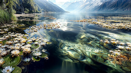 Scenic lake with blooming water lilies under a clear sky in a mountainous region during daylight hours