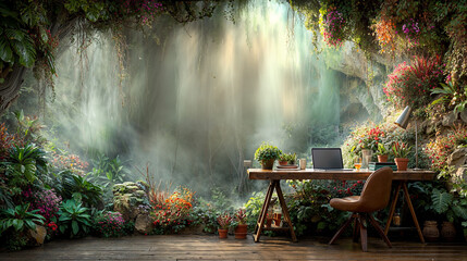 A serene workspace surrounded by lush greenery and vibrant flowers in a tranquil forest setting