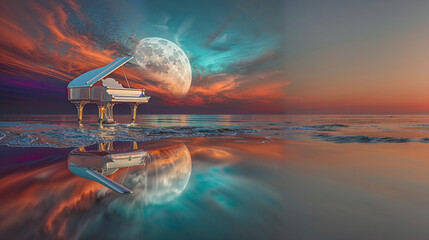 Grand piano on a serene beach under a vibrant sunset with a full moon reflecting on the water