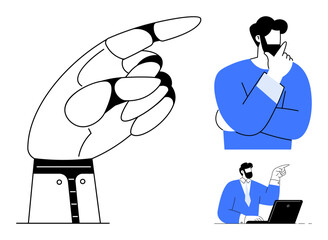 Oversized hand pointing, man pondering with hand on chin, another seated at laptop pointing. Ideal for decision-making, leadership, communication, teamwork, brainstorming, guidance problem-solving