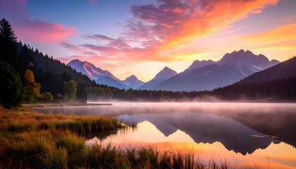 Fototapeta premium Scenic Landscape of a Misty Lake at Sunset with Mountains and Forest Reflected in Still Water