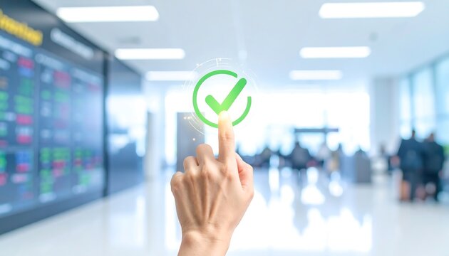 Hand selecting a check mark on a touch screen in an airport terminal