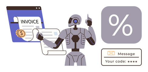 Futuristic robot interacting with invoice document, percentage symbol, and secure code notification. Ideal for fintech, automation, AI innovation, finance management, technology, security digital