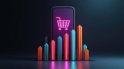 Obraz premium 3D Render of Neon Shopping Cart on Phone with Upward Graph Arrow, E-Commerce Sales Growth Concept