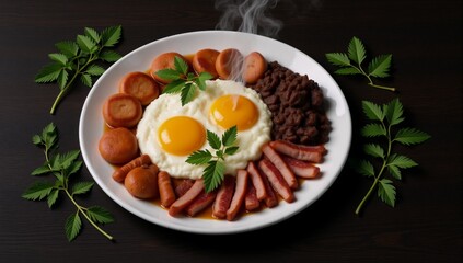 Full English breakfast with fried eggs sausages bacon  black pudding on a dark wooden plate