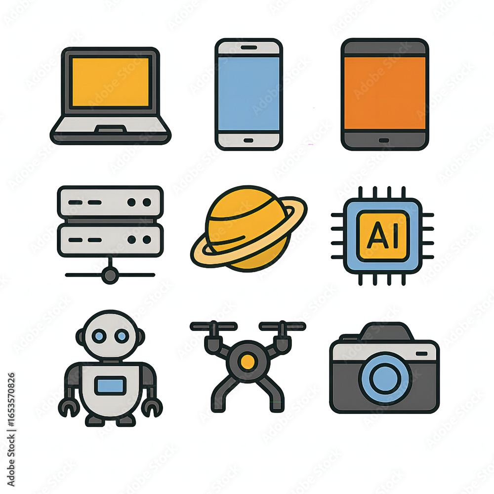Poster flat style technology device and artificial intelligence icon design element set