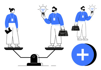 Two professionals balancing on a scale with lightbulbs symbolizing ideas. Equal balance, collaboration, growth, innovation, teamwork, workplace equity, and professional development. A simple flat