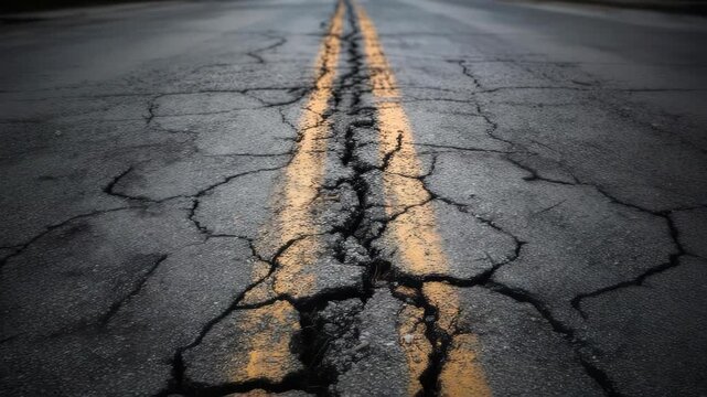 Damaged Asphalt Road Surface with Cracks and Yellow Lines in Perspective View