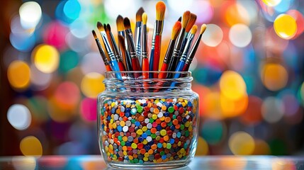 Obraz premium A vibrant still life of paintbrushes and colorful dots creates an artistic atmosphere