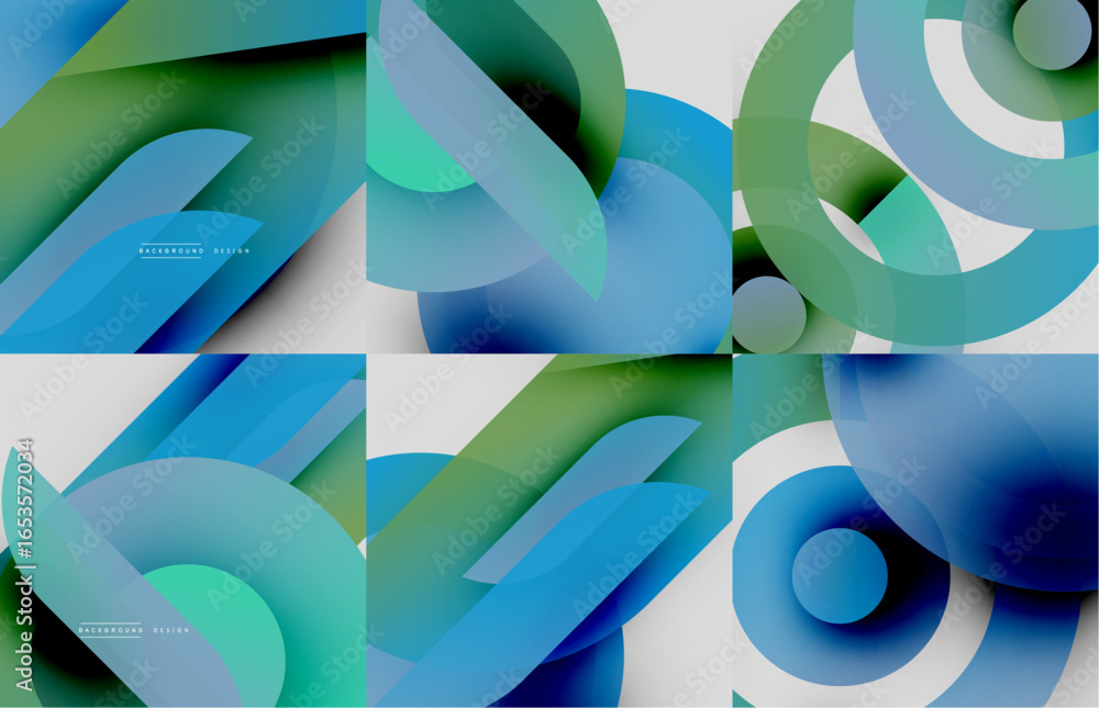Poster abstract geometric designs. blue, green gradients overlap creating dynamic visual patterns. modern b