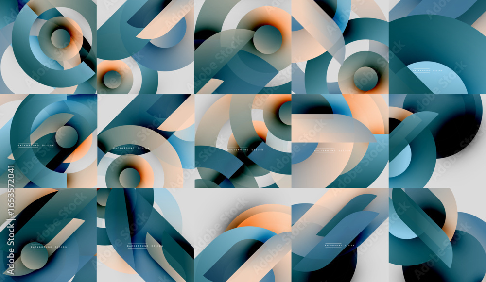 Poster abstract geometric patterns. overlapping circles create fluid shapes, gradients, soft colors. modern