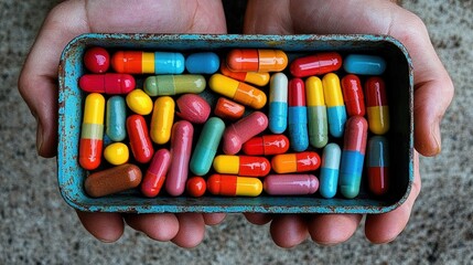 Hands holding a tin box filled with colorful pills