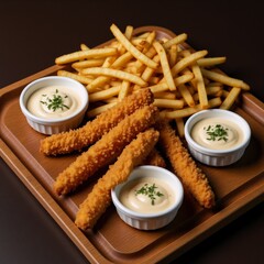 Fast food presentation breaded chicken strips fried potatoes and two sauces on a wooden board against a dark brown background with ample space for copy