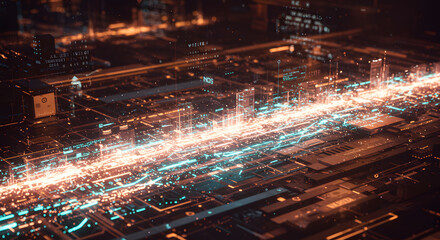 Abstract Tech Circuit Board with Glowing Orange and Teal Data Streams