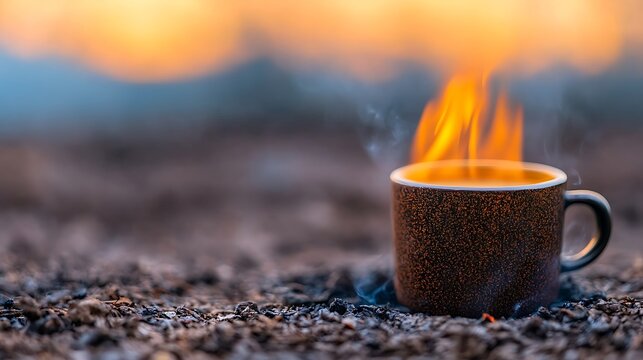 Hot coffee cup ablaze with fiery flames outdoors at sunset
