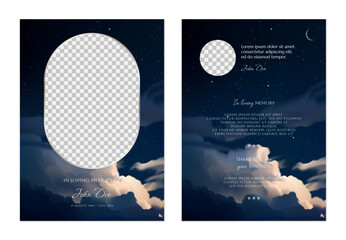 Floral memorial card template, featuring night sky with a dark blue background filled with stars and clouds