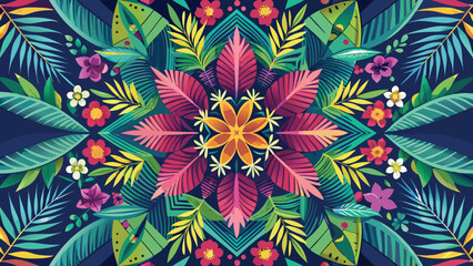 Vibrant tropical floral mandala with colorful leaves and flowers on a dark blue background Keywords: mandala, floral, tropical, leaves, flowers, jungle, nature, pattern, transparency background