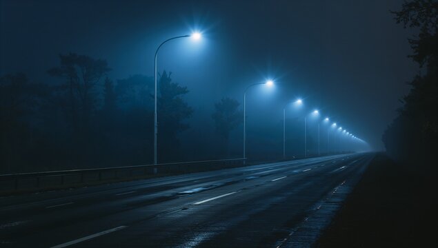 A deserted road at night with streetlights shining through the fog