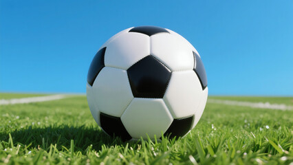 Naklejka premium Soccer Ball Football Grass Field Blue Sky Sports Equipment Game Outdoor Recreation Athletic