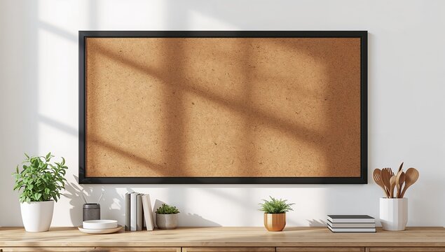 A large blank corkboard on a wall with a shelf and decorative items
