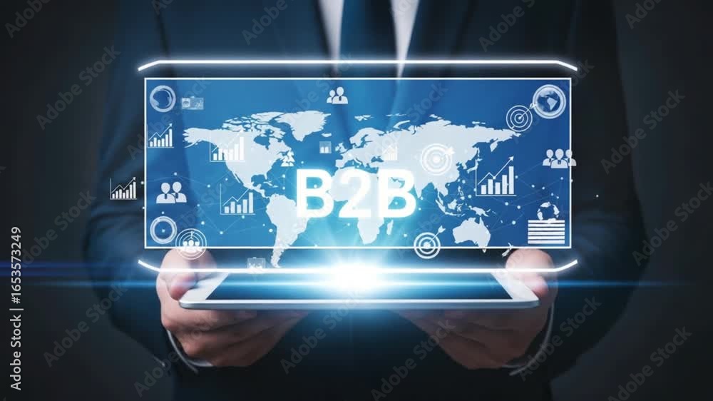 Poster man holding tablet displaying b to b over world map and business icons in a futuristic interface