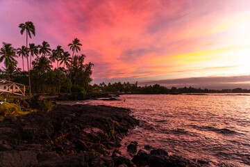 Sunset over Coconut Island on the Big Island of Hawaii, with palm trees silhouetted against a...