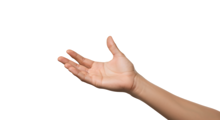 Transparent PNG of Open Hand Reaching,  A Detailed Image of a Fair-Skinned Person's Hand Open in a Receiving Gesture Against a Transparent Background, Ideal for Graphic Design Elements