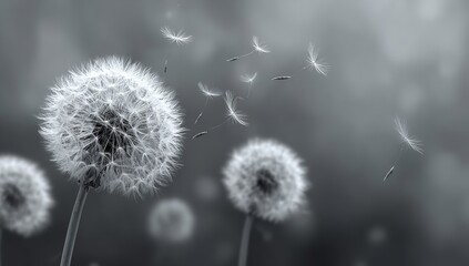 Ethereal dandelions releasing seeds into the wind in monochrome, creating a dreamy and beautiful effect.