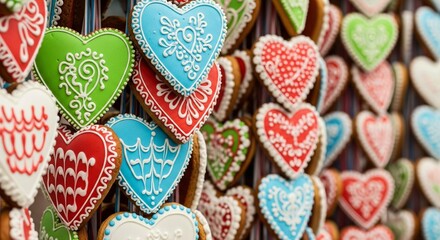 Delightful heart shaped gingerbread cookies intricately decorated for Valentine's Day celebrations