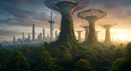Futuristic Green Landscape With Glowing Trees And Skyline Scenery