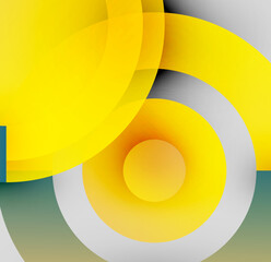Abstract composition featuring overlapping yellow circles. Gradients create depth, contrasting with gray, blue tones. Modern design element.