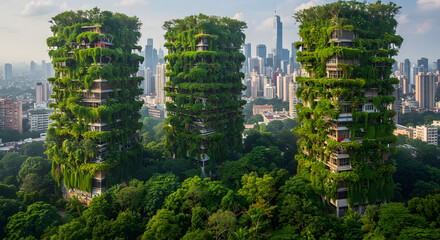 Green Building Facades in Cityscape with Lush Vegetation and Modern Architecture